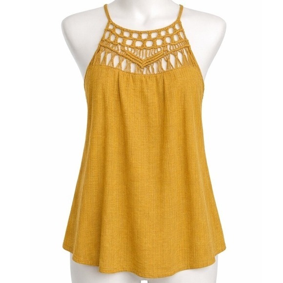 Mustard Yellow Boho Tank Top Crochet Macrame Neck Sleeveless Womens S Blouse - Picture 1 of 9